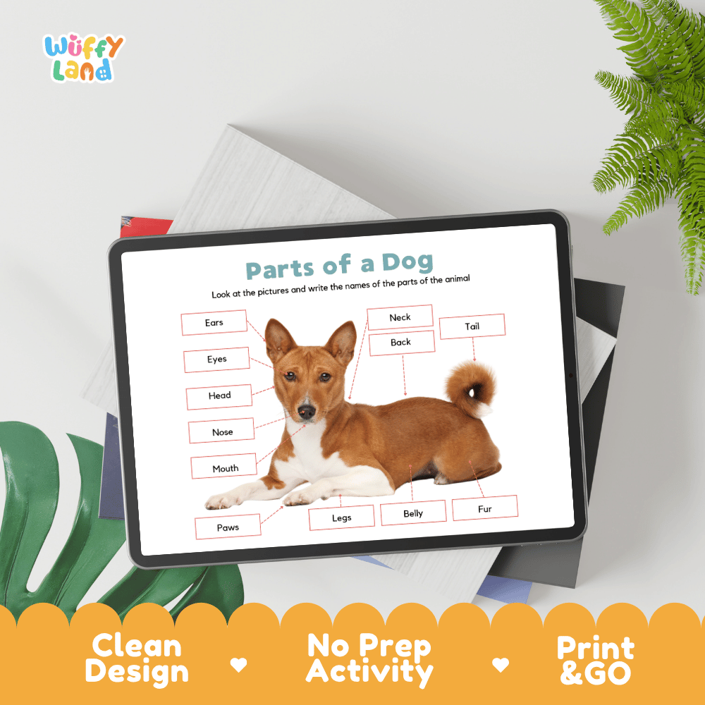 Hands-on dog anatomy cut and paste worksheet with printable word labels, pointer lines, and scissors graphic