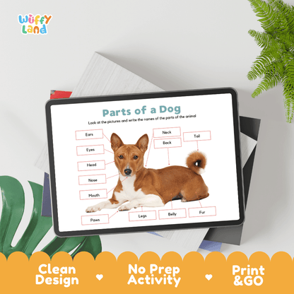 Hands-on dog anatomy cut and paste worksheet with printable word labels, pointer lines, and scissors graphic