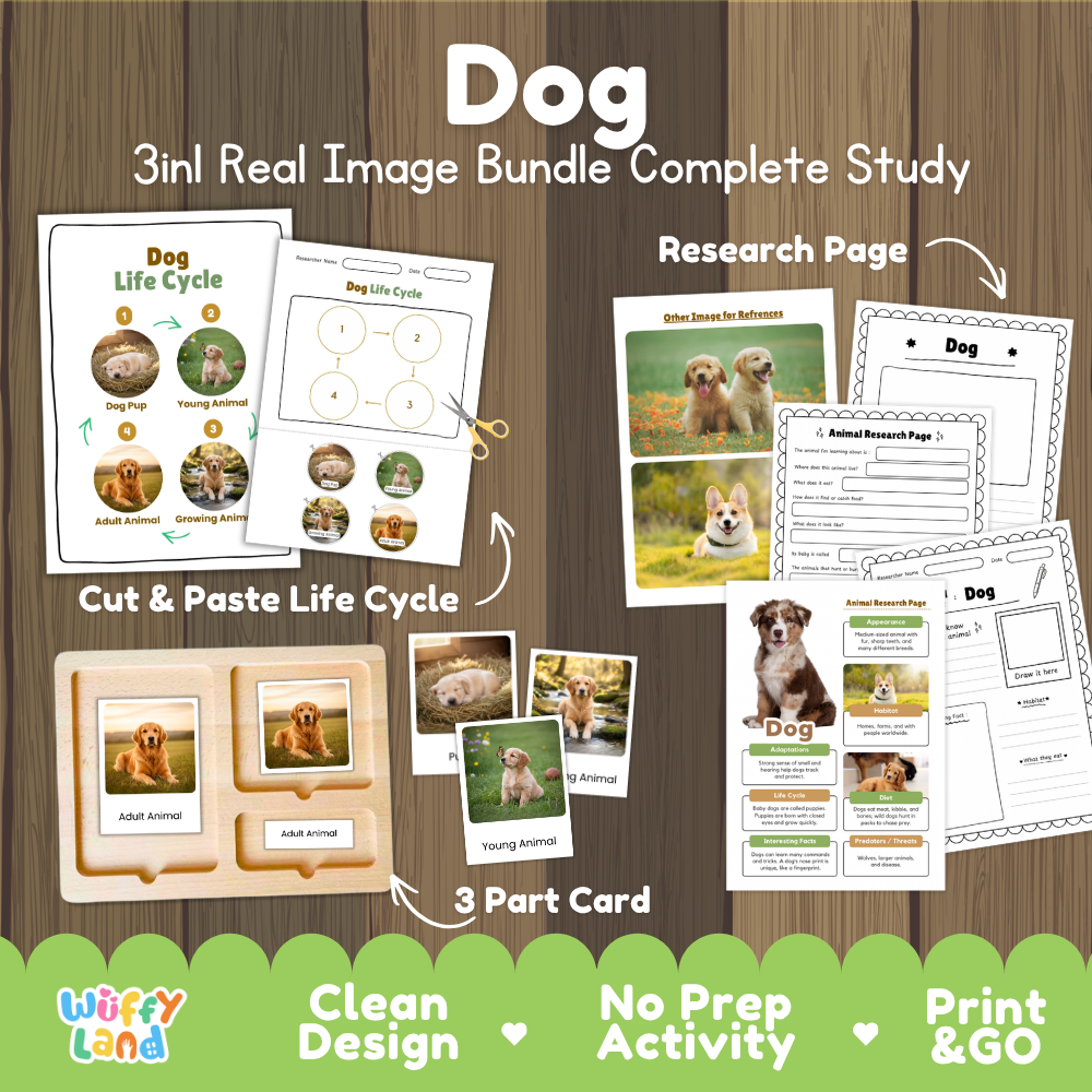 Dog 3-in-1 real image bundle complete study cover showing cut and paste life cycle, 3 part cards, and research pages