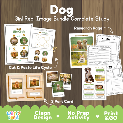 Dog 3-in-1 real image bundle complete study cover showing cut and paste life cycle, 3 part cards, and research pages