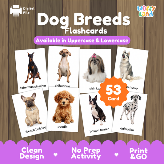 Promotional graphic for 'Dog Breeds Flashcards' by Wiffy Land, showing sample flashcard images of different dog breeds on a wood-textured background with purple banners and text indicating 53 cards.