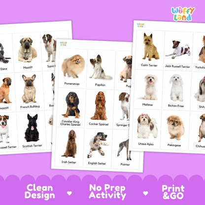 Three printed dog name cards with photos of different dog breeds are arranged on a purple background. The cards show dogs such as Pomeranian, Cavalier King Charles Spaniel, Irish Setter, and Maltese.