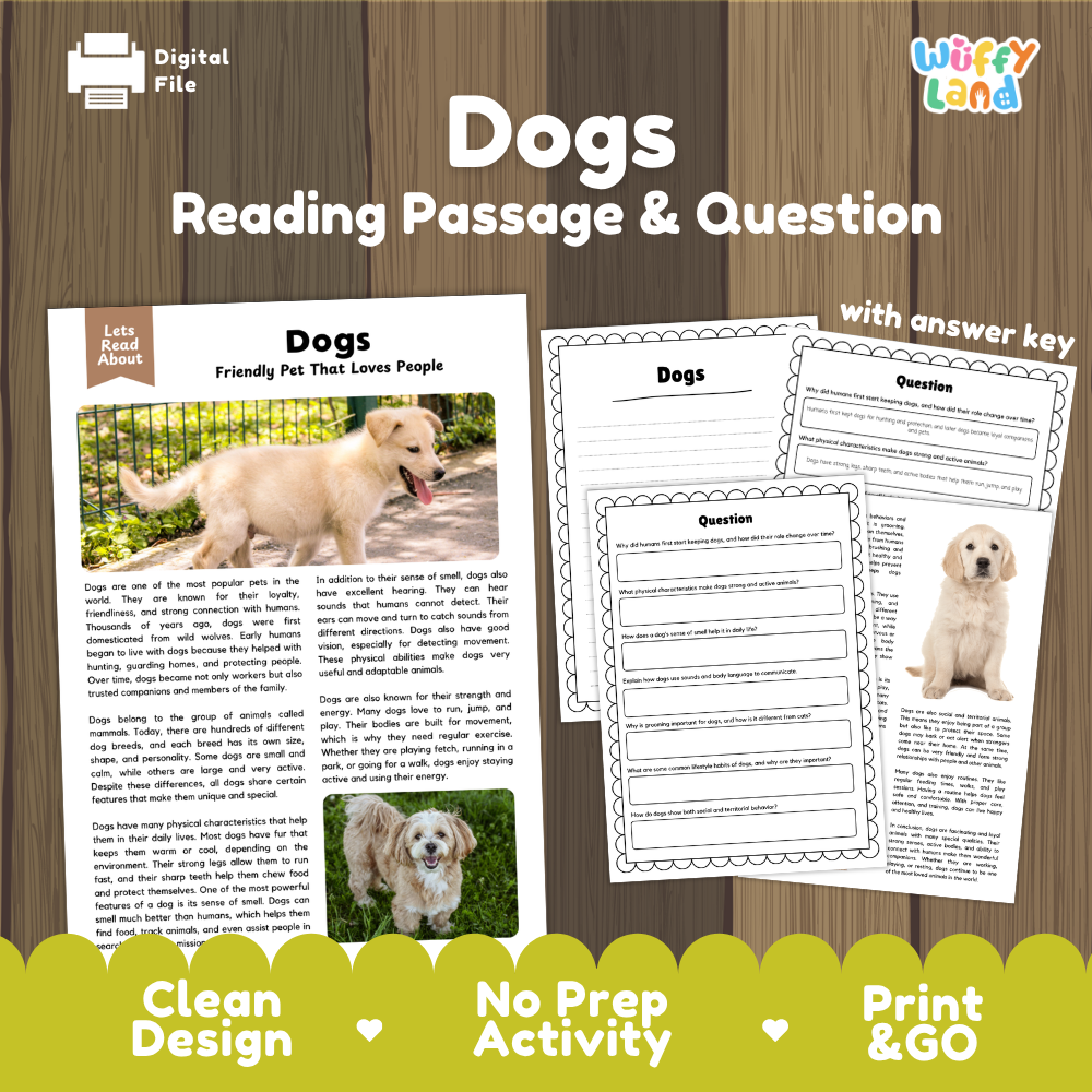 Digital reading activity sheet set about dogs, featuring a reading passage, comprehension questions, and an answer key, displayed on a wood background with promotional text.