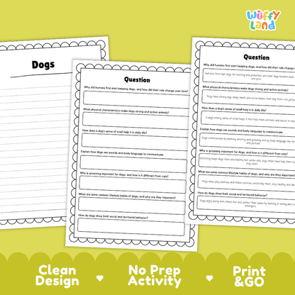 Dogs Reading Passage and Comprehension Questions Worksheets