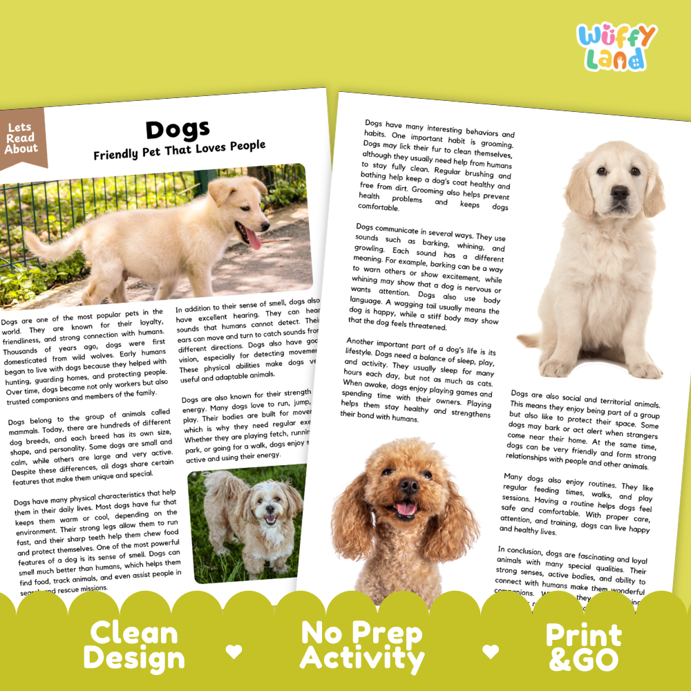 Dogs Reading Passage and Comprehension Questions Worksheets