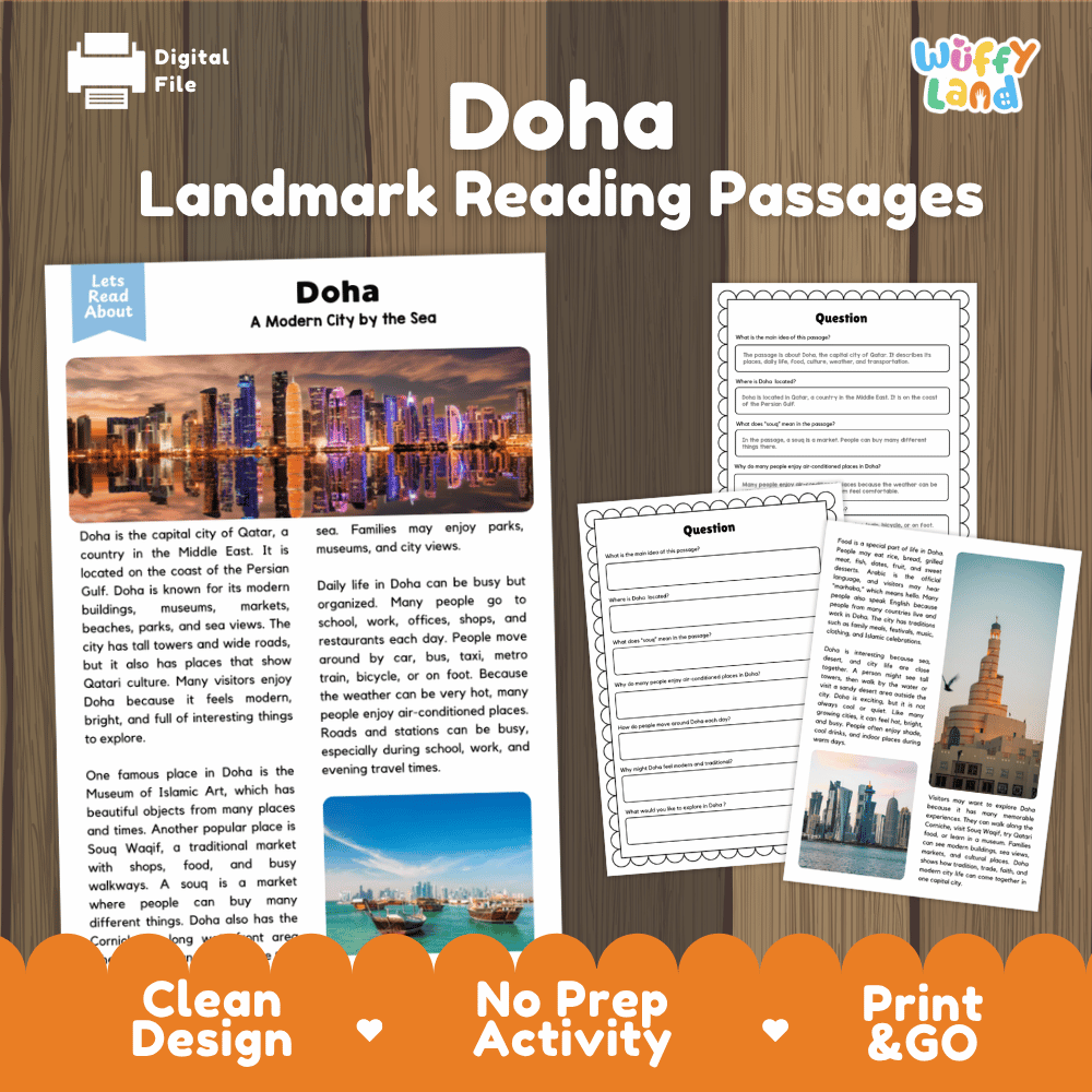 Doha landmark reading passages educational study unit featuring nonfiction reading worksheets and authentic Qatari coastal city skyline photography