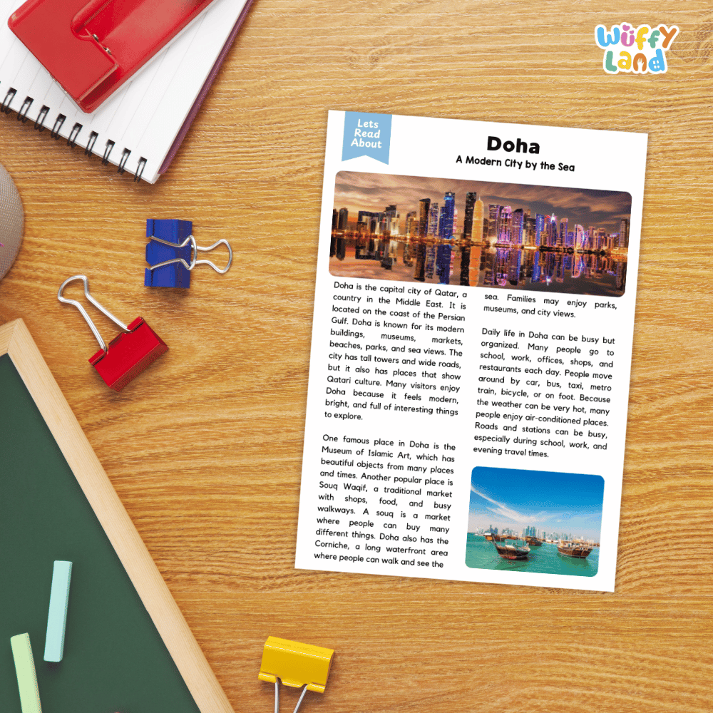 Lined reading comprehension question worksheet covering main ideas vocabulary terms and landmark facts about Doha Qatar