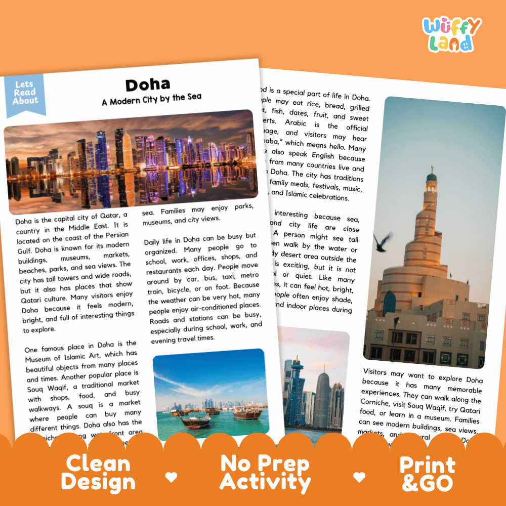Reference sheet and answer key for Doha landmark reading passage displaying completed comprehension answers and Middle Eastern geography facts