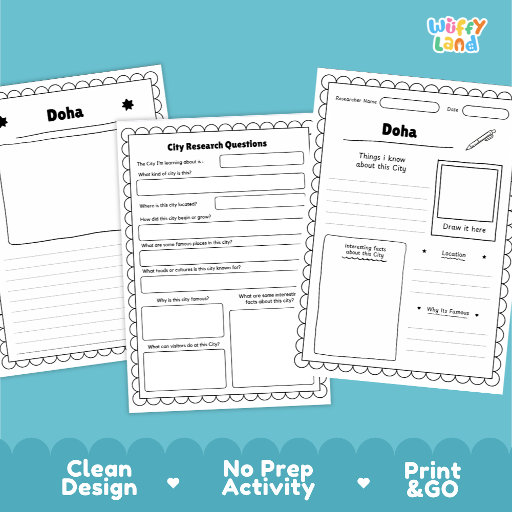 Three printable worksheet pages for a city research activity titled 'Doha' are shown on a bright cyan background. The pages are white with black printed text and borders, and the brand name 'Wiffly Land' appears in the top right corner.