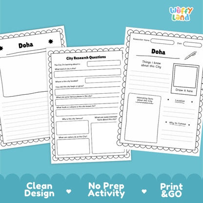 Three printable worksheet pages for a city research activity titled 'Doha' are shown on a bright cyan background. The pages are white with black printed text and borders, and the brand name 'Wiffly Land' appears in the top right corner.