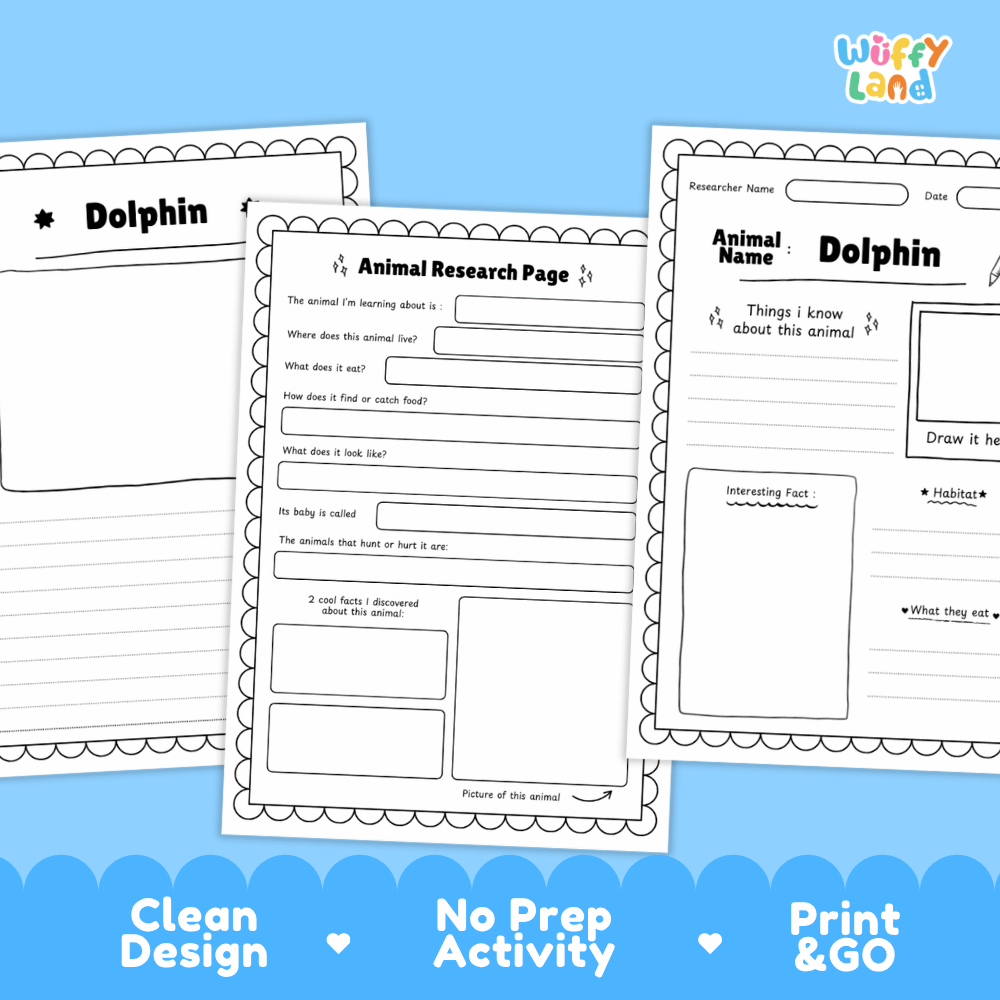 Three printable dolphin animal research activity sheets displayed on a light blue background with promotional text at the bottom. The sheets are black and white with writing prompts, labeled sections, and a small 'Wiffy Land' logo in the top right.