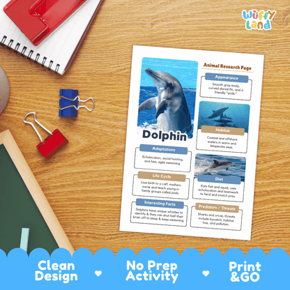 A printed dolphin research page template laid on a wooden desk, surrounded by school supplies including a spiral notebook, red binder clips, and a blue pen. The page has blue headers, text sections, and a large dolphin photo.