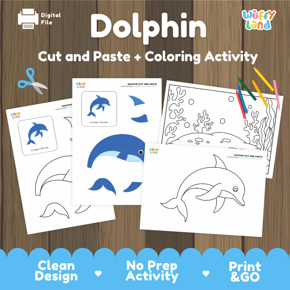 Dolphin Cut and Paste Craft and Coloring Pages Activity Worksheets