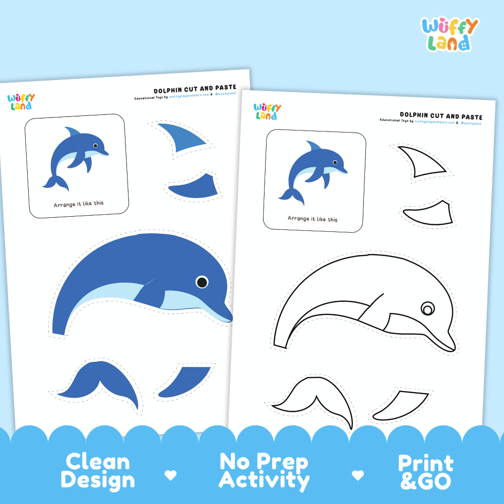 Dolphin Cut and Paste Craft and Coloring Pages Activity Worksheets