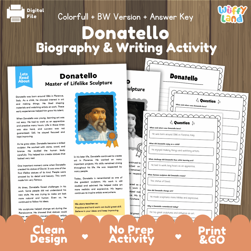 Donatello Biography Reading Passage and Writing Activity Worksheets