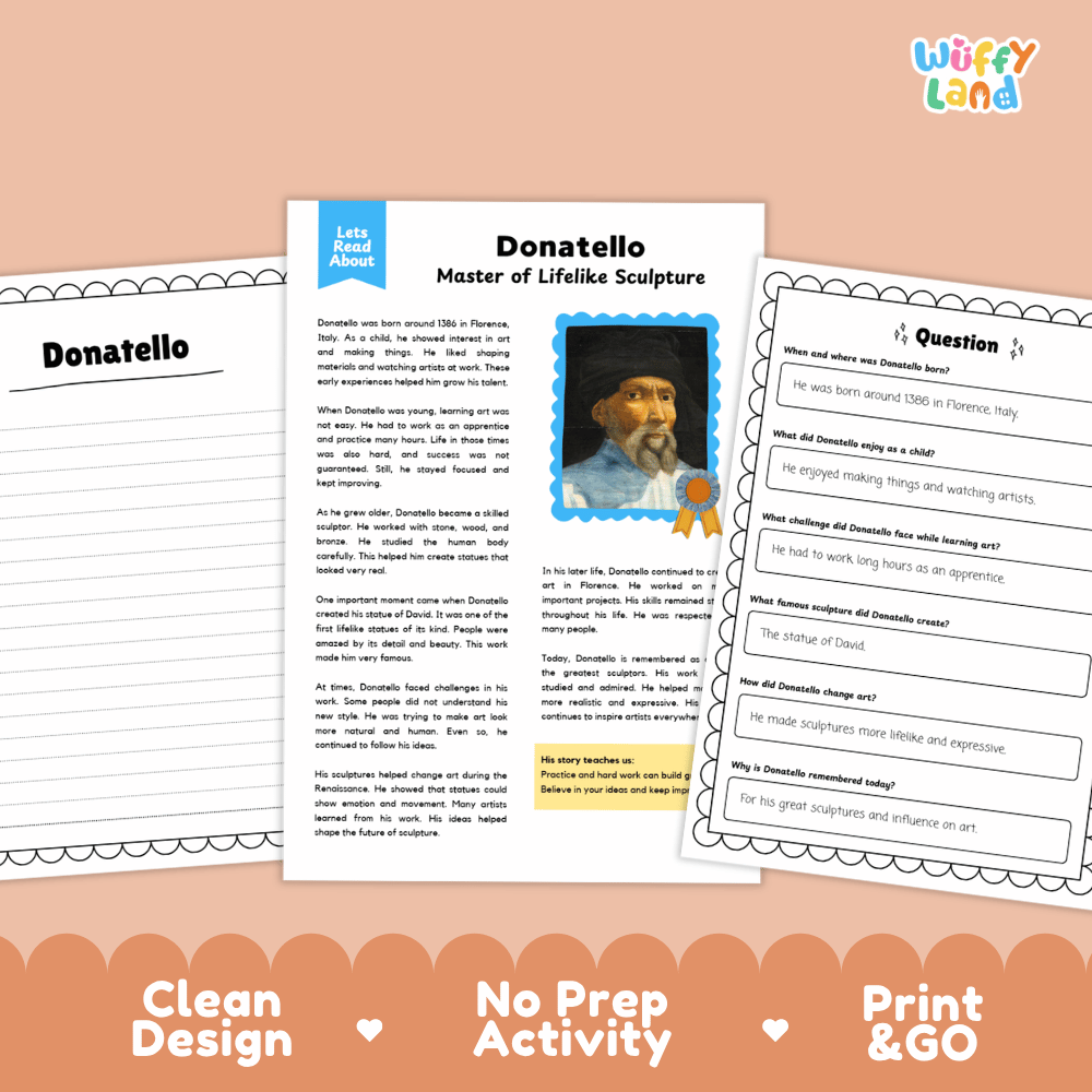 Donatello Biography Reading Passage and Writing Activity Worksheets