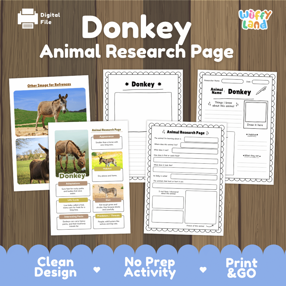 Digital preview of a printable 'Donkey Animal Research Page' activity sheet set by Wiffy Land, displayed on a wood-grain background with feature badges at the bottom.