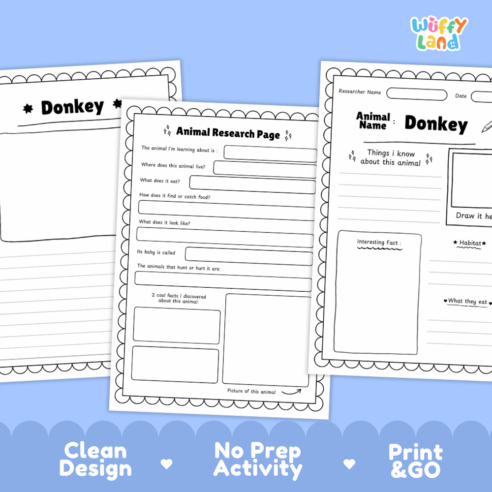 Three printable worksheet pages for an animal research activity, shown on a light blue background with the brand name Wiffy Land. The pages are labeled 'Donkey' and include writing fields, a drawing box, and a fact box.