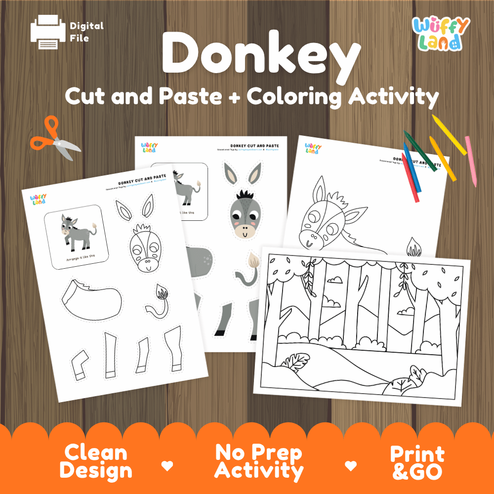 Donkey Cut and Paste and Coloring Activity Worksheets