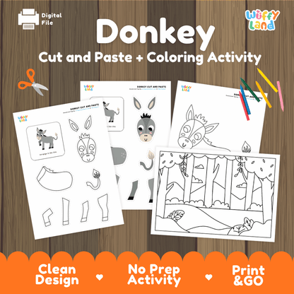 Donkey Cut and Paste and Coloring Activity Worksheets