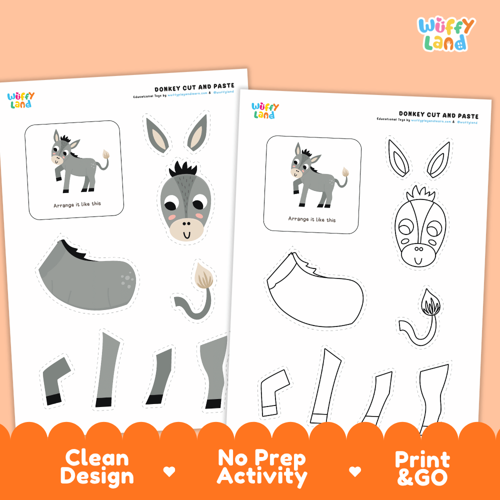 Donkey Cut and Paste and Coloring Activity Worksheets