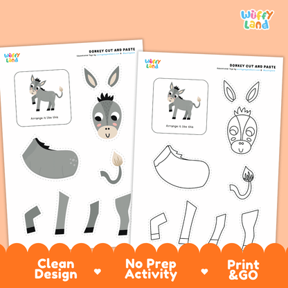 Donkey Cut and Paste and Coloring Activity Worksheets
