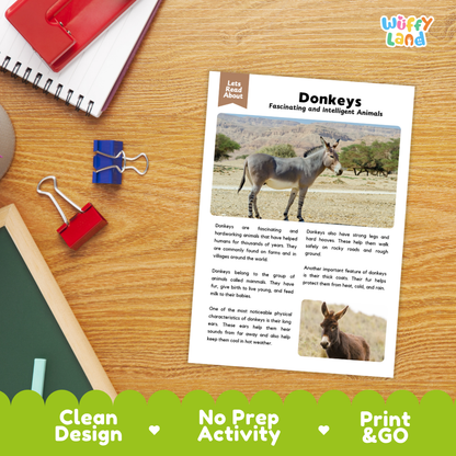 Donkeys Reading Passage and Comprehension Questions Worksheets with Answer Key