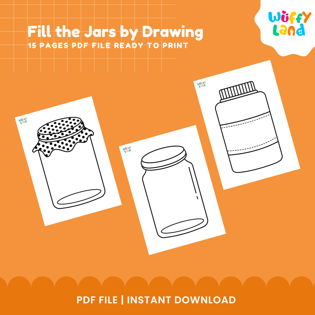 Printable jar drawing worksheet showing colorful landscape illustration drawn inside a polka dot cloth lid mason jar 🌄🌿