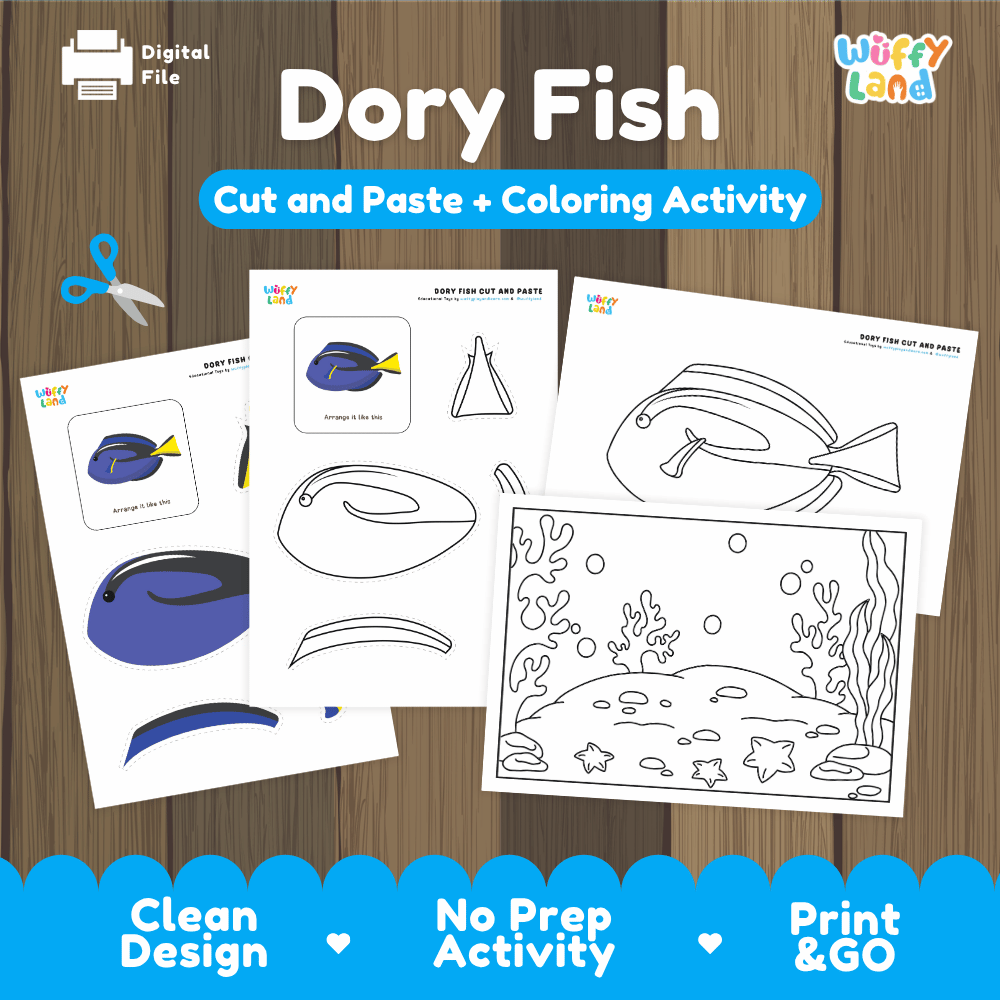 Dory Fish Cut and Paste Craft and Coloring Pages Activity Worksheets