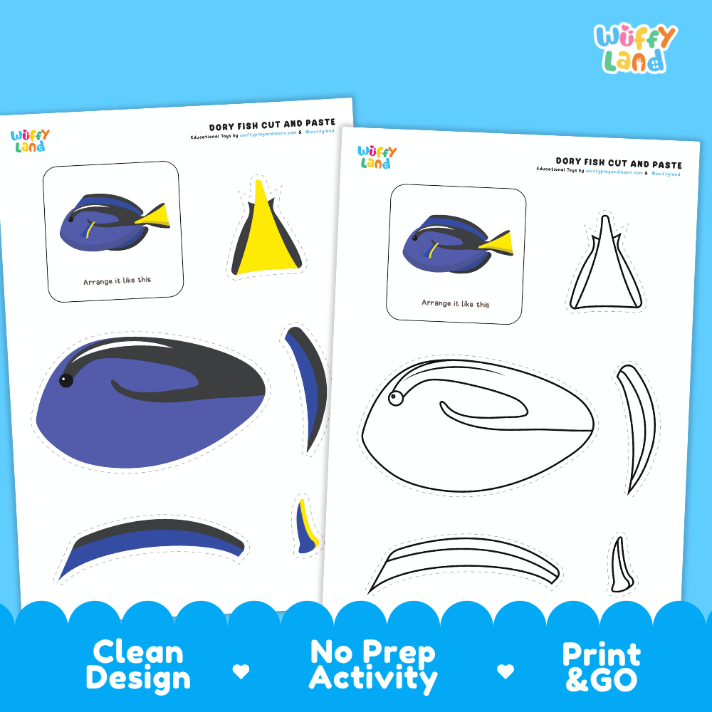 Dory Fish Cut and Paste Craft and Coloring Pages Activity Worksheets