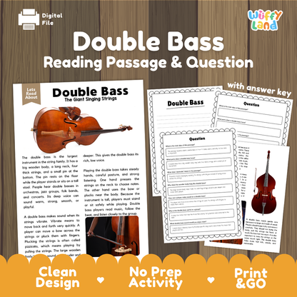 Double Bass reading comprehension passage and questions printable activity pack with answer key for elementary students