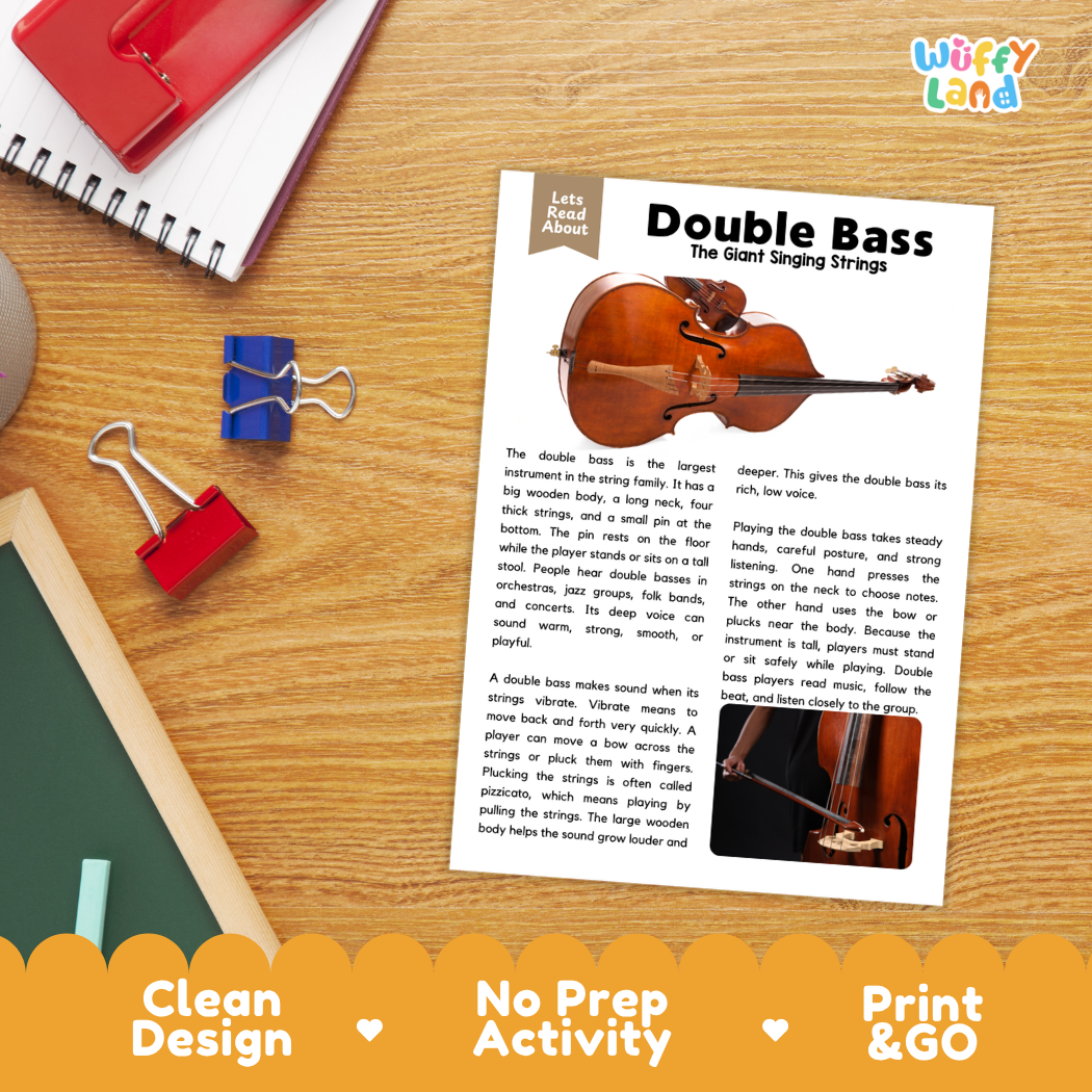 Student reading comprehension worksheet with short-answer questions and lined sections about the double bass instrument