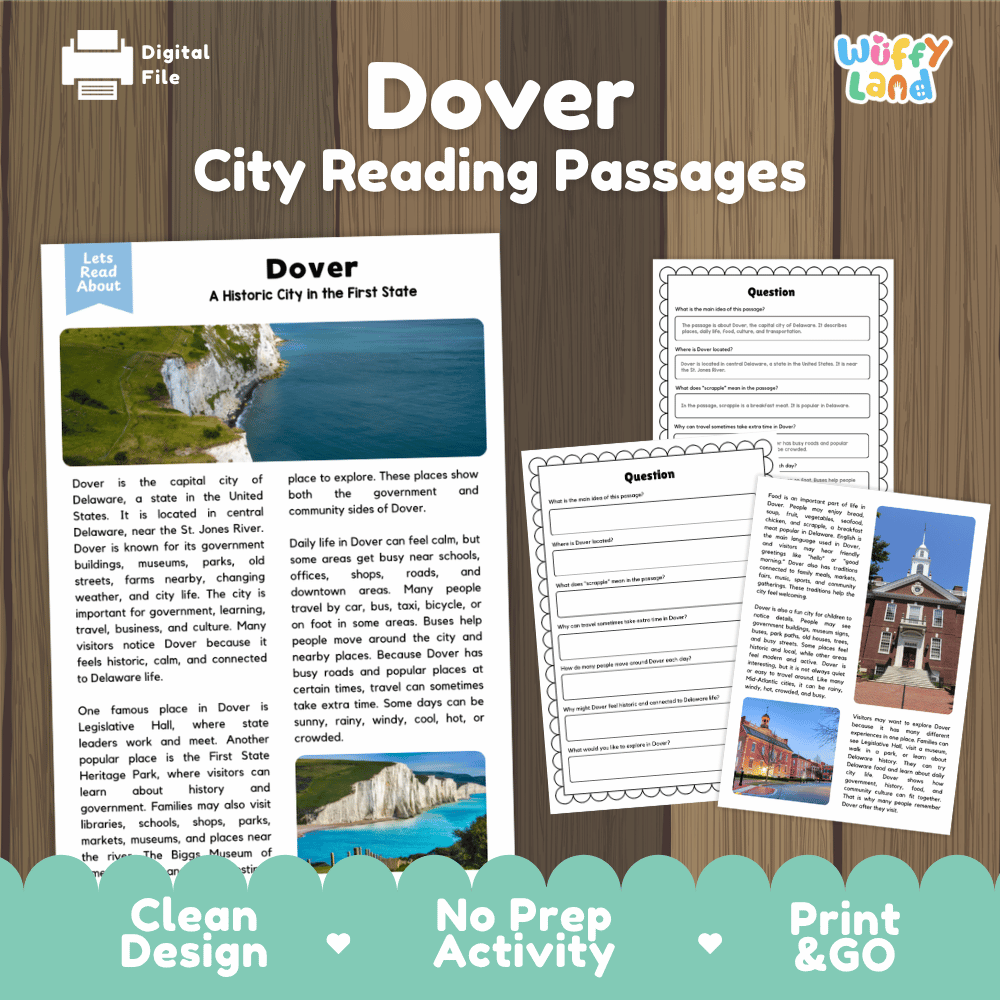 Dover city reading passages and comprehension worksheet educational unit featuring nonfiction text and authentic Dover Delaware architecture and coastal photography