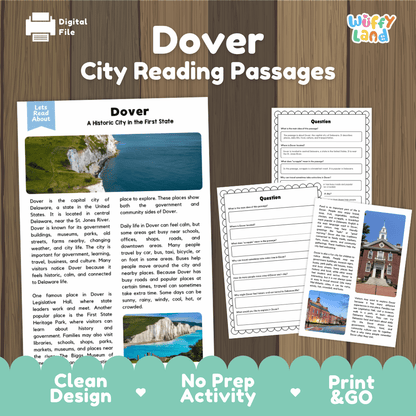 Dover city reading passages and comprehension worksheet educational unit featuring nonfiction text and authentic Dover Delaware architecture and coastal photography