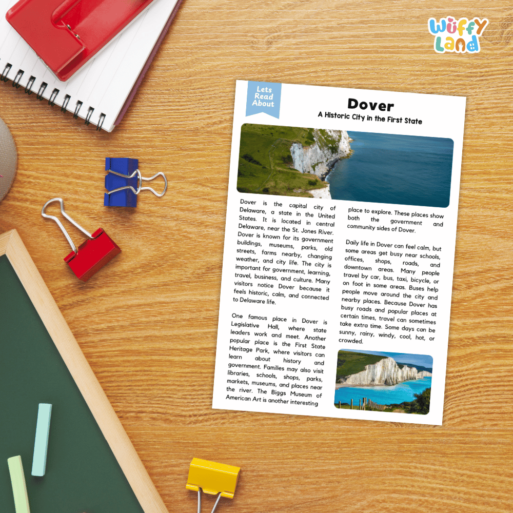 Lined reading comprehension question worksheet covering main ideas vocabulary terms and landmark facts about Dover Delaware