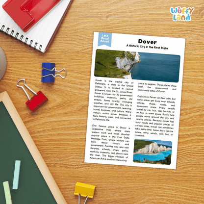 Lined reading comprehension question worksheet covering main ideas vocabulary terms and landmark facts about Dover Delaware