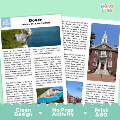 Reference sheet and answer key for Dover landmark reading passage displaying completed comprehension answers and United States geography facts