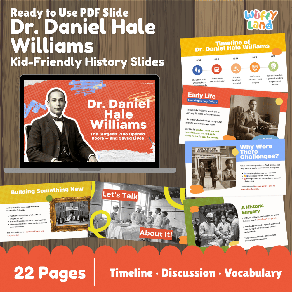 Promotional graphic for a digital product: 'Ready to Use PDF Slide Dr. Daniel Hale Williams Kid-Friendly History Slides' by Wiffy Land.