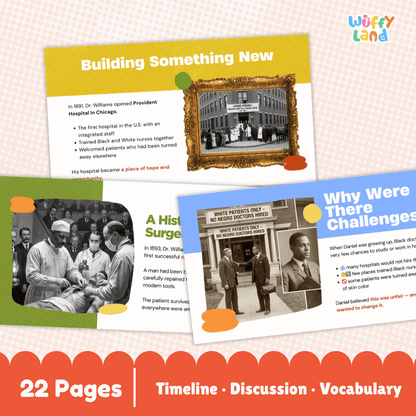 Educational poster set from Wiffy Land featuring three historical black-and-white and color photos with text panels about hospital history. The layout includes a yellow title panel, white content sections, orange accents, and a red banner at the bottom reading '22 Pages | Timeline | Discussion | Vocabulary'.