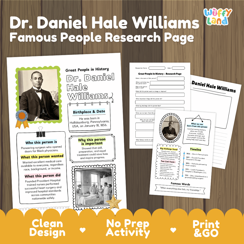 A product listing graphic for a printable educational activity page titled 'Dr. Daniel Hale Williams Famous People Research Page' by Wiffly Land.