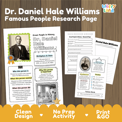 A product listing graphic for a printable educational activity page titled 'Dr. Daniel Hale Williams Famous People Research Page' by Wiffly Land.