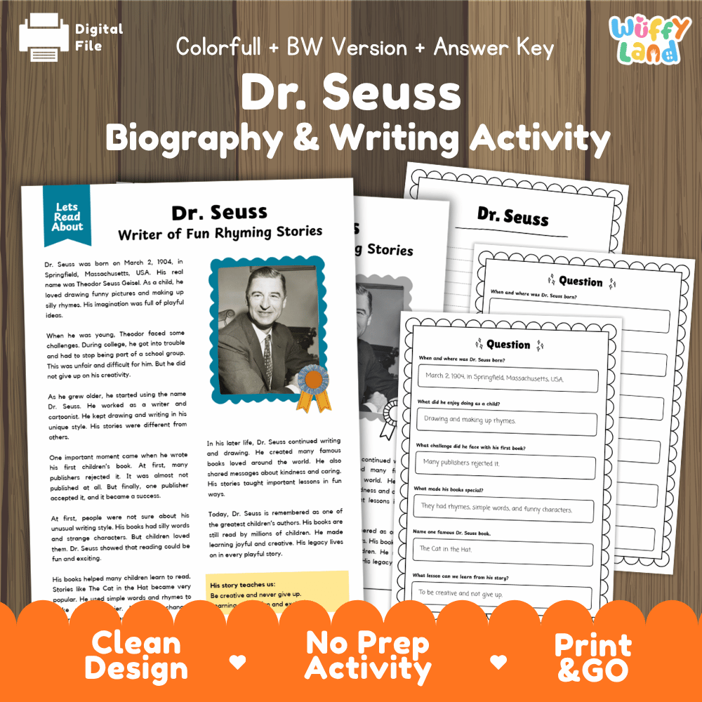 Digital activity sheet set for 'Dr. Seuss Biography & Writing Activity' featuring a colorful cover page and multiple worksheet pages displayed on a wood background, with branding for 'Uffy Land' and 'Digital File'.