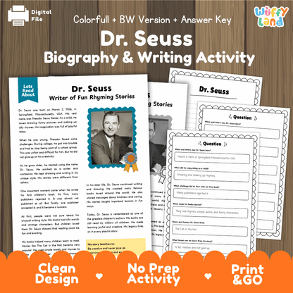 Digital activity sheet set for 'Dr. Seuss Biography & Writing Activity' featuring a colorful cover page and multiple worksheet pages displayed on a wood background, with branding for 'Uffy Land' and 'Digital File'.
