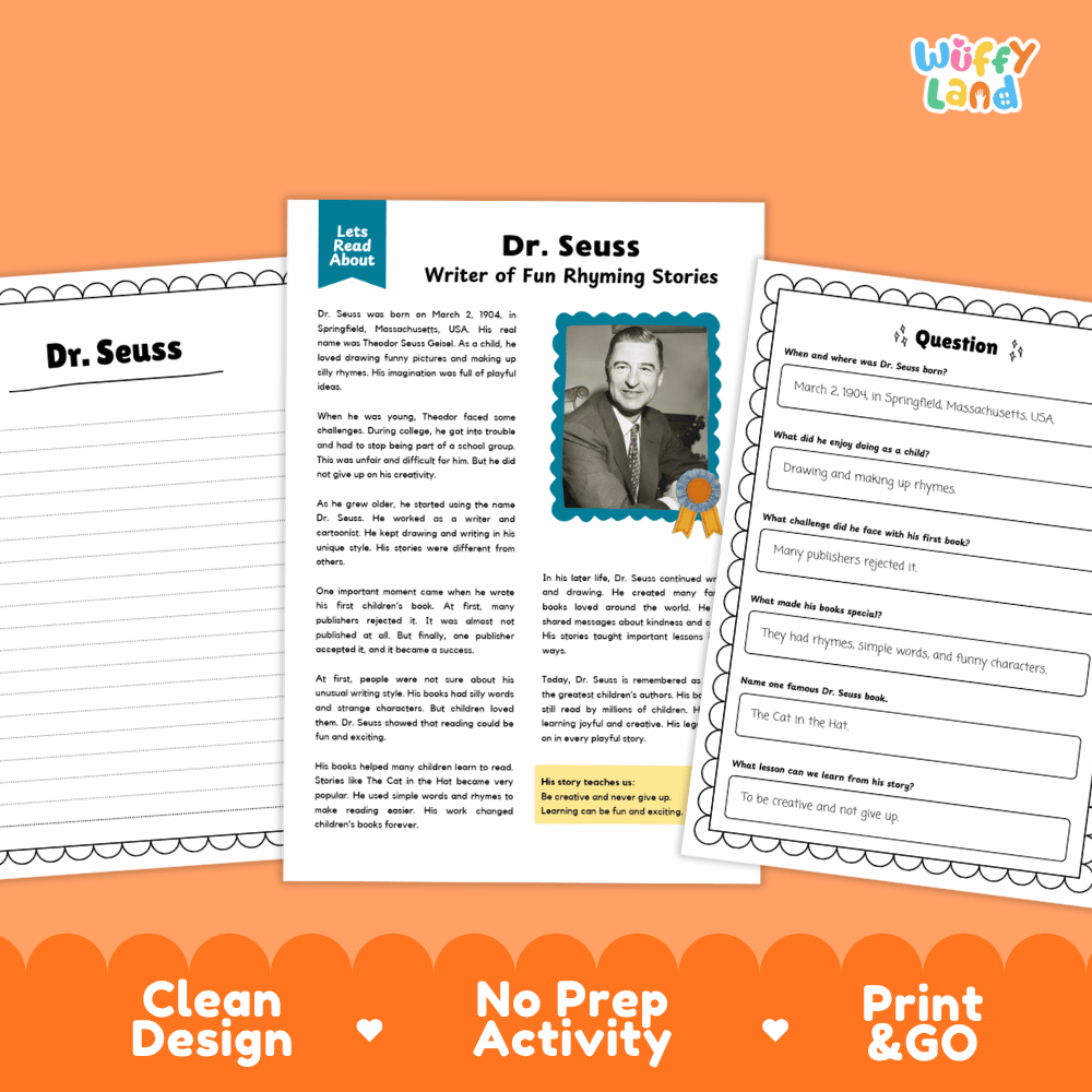 Three printable educational activity sheets about Dr. Seuss are shown on an orange background.