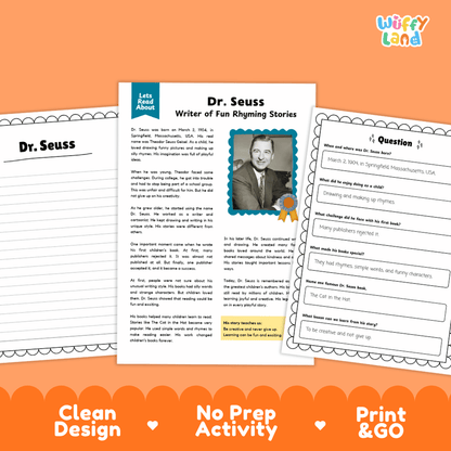 Three printable educational activity sheets about Dr. Seuss are shown on an orange background.