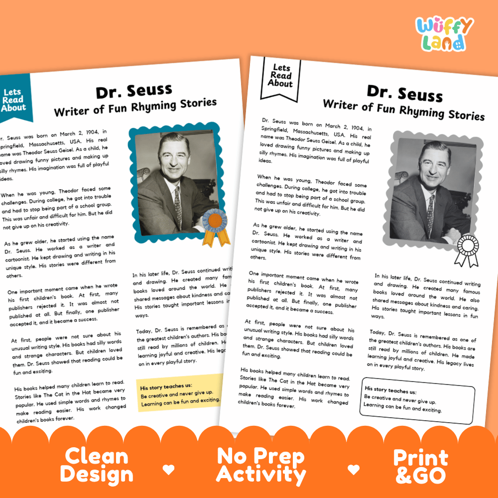 Dr. Seuss Biography Reading Passage and Writing Activity Worksheets