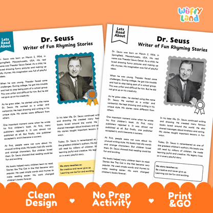 Dr. Seuss Biography Reading Passage and Writing Activity Worksheets