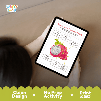 Educational cut and paste dragon fruit anatomy worksheet with printable word cutout tiles for skin, scales, stem, flesh, pulp, and seeds
