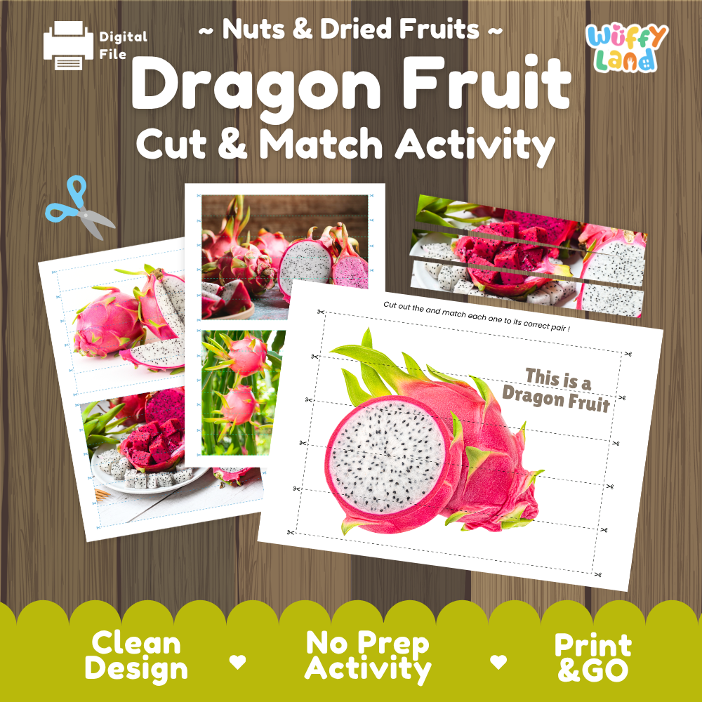 Dragon fruit cut and match activity cover showing printable fine motor puzzle sheets and fruit photographs