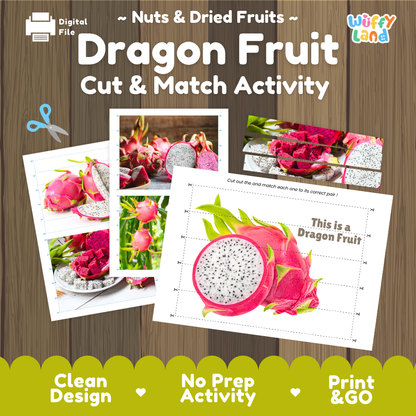Dragon fruit cut and match activity cover showing printable fine motor puzzle sheets and fruit photographs